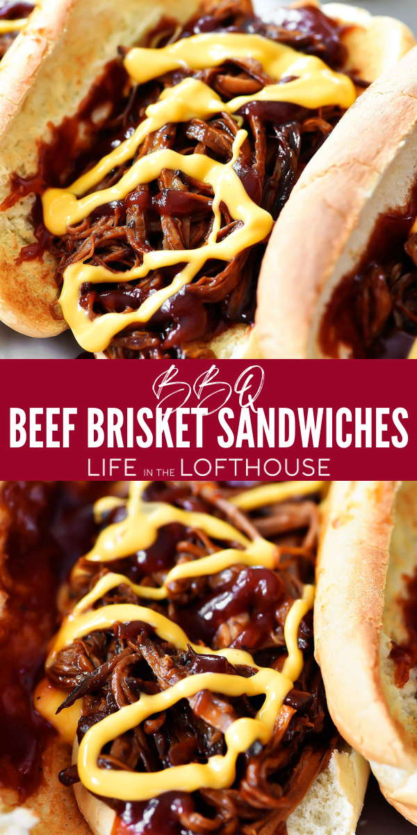 These delicious BBQ Beef Brisket Sandwiches are incredible. Tender BBQ Brisket loaded in a hoagie bun with drizzles of cheddar cheese!