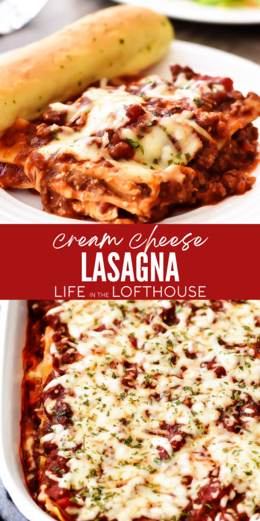 Cream Cheese Lasagna is made with an easy homemade tomato sauce and loaded with cheese. Your family will want you to make this lasagna again and again!