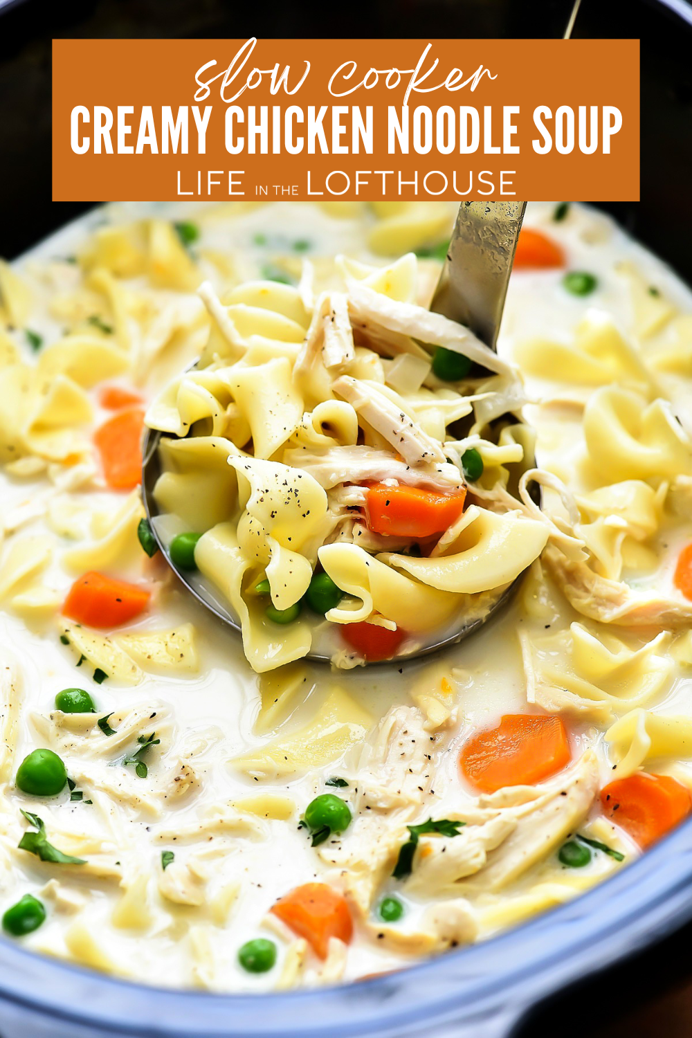 Warm up with Slow Cooker Creamy Chicken Noodle Soup. This soup is delicious, comforting and conveniently made in the slow cooker!