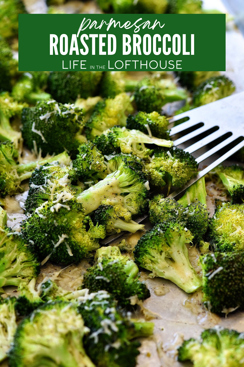 Parmesan Roasted Broccoli with stainless steel spatula