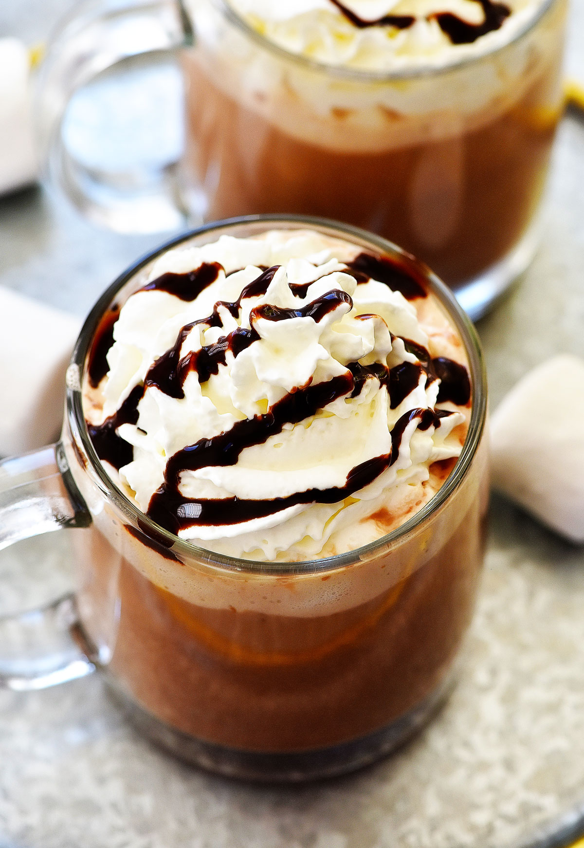 Slow Cooker Hot Chocolate made with cocoa powder, sweetened condensed milk, and vanilla. Life-in-the-Lofthouse.com