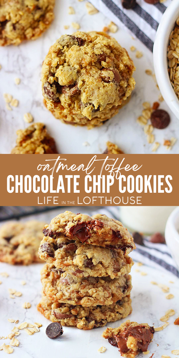 Looking for a fall cookie recipe? These Oatmeal Toffee Chocolate Chip Cookies are filled with chocolate chips, toffee bits, and oatmeal. 