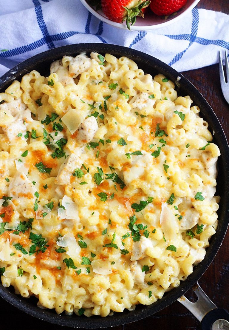 Chicken Alfredo Pasta Bake in black bakeware