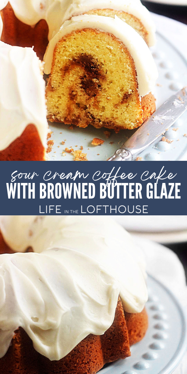 This Sour Cream Coffee Cake with Browned Butter Glaze might just be the best coffee cake you’ll ever eat. Cinnamon streusel swirled throughout, then topped with a browned butter glaze. 