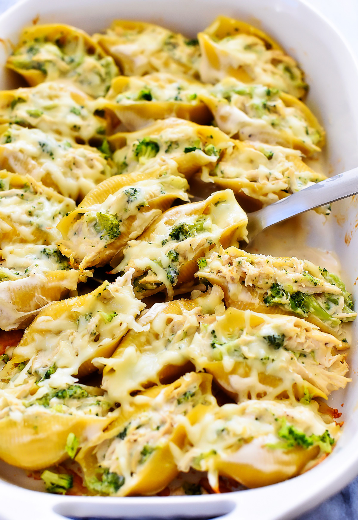 Chicken & Broccoli Alfredo Stuffed Shells is shredded chicken and broccoli combined with Alfredo sauce and stuffed inside jumbo pasta shells. Life-in-the-Lofthouse.com