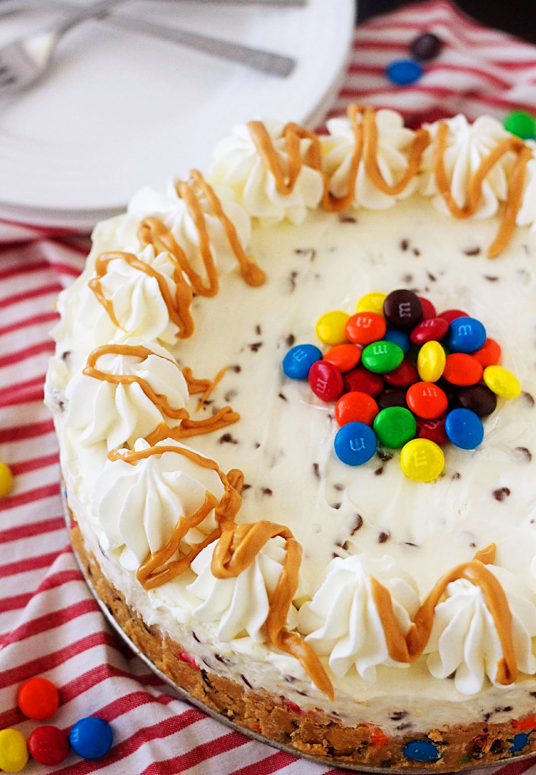 Monster Cookie Dough Cheesecake has a crust that is a&nbsp;monster cookie dough loaded with M&M&rsquo;s and mini chocolate chips and topped with a creamy cheesecake filling loaded with mini chocolate chips. Life-in-the-Lofthouse.com