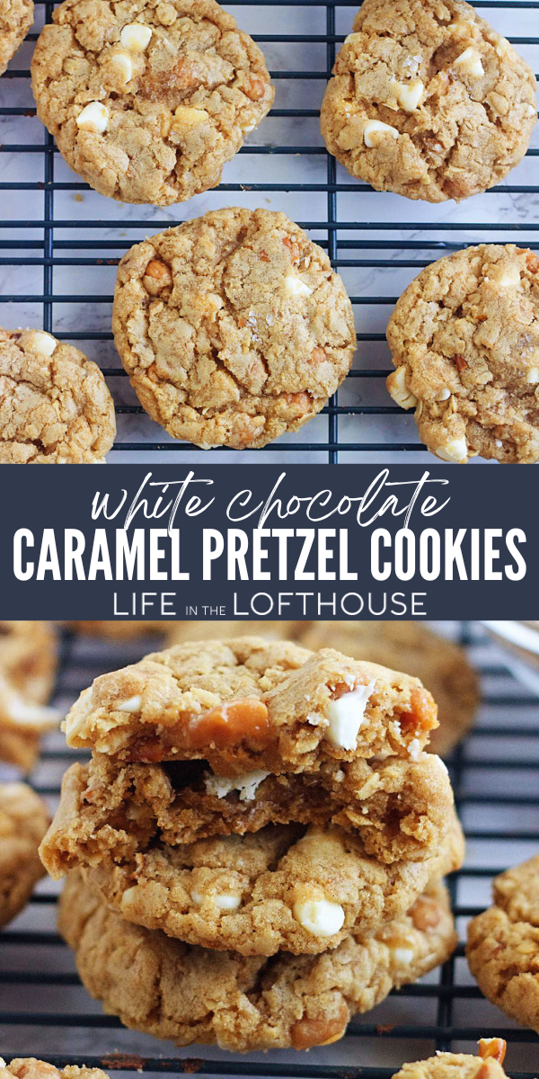 White Chocolate Chip Caramel Pretzel Cookies are loaded&nbsp;with all things delicious and will become your favorite cookie!