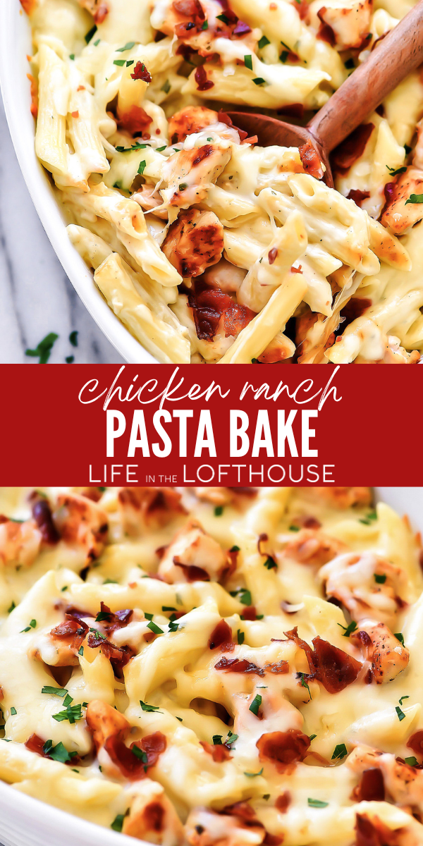 Chicken Ranch Pasta Bake is a simple pasta recipe bursting with creamy ranch flavor. This recipe is easy and delicious!