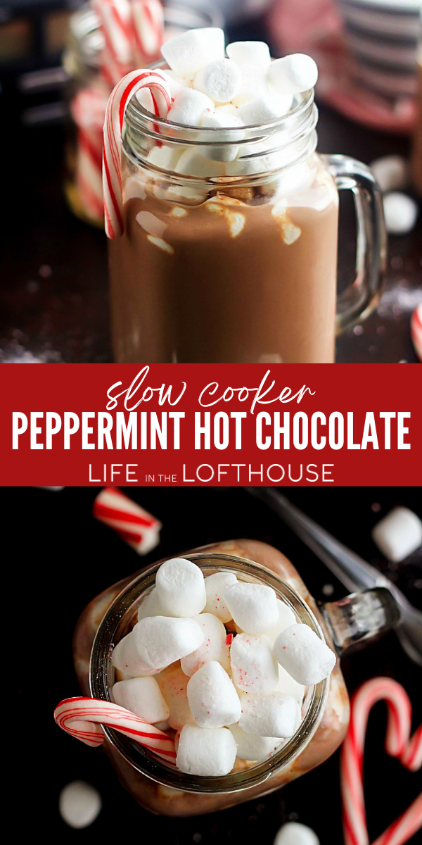 Slow Cooker Peppermint Hot Chocolate with whipped cream, marshmallows, and candy canes.