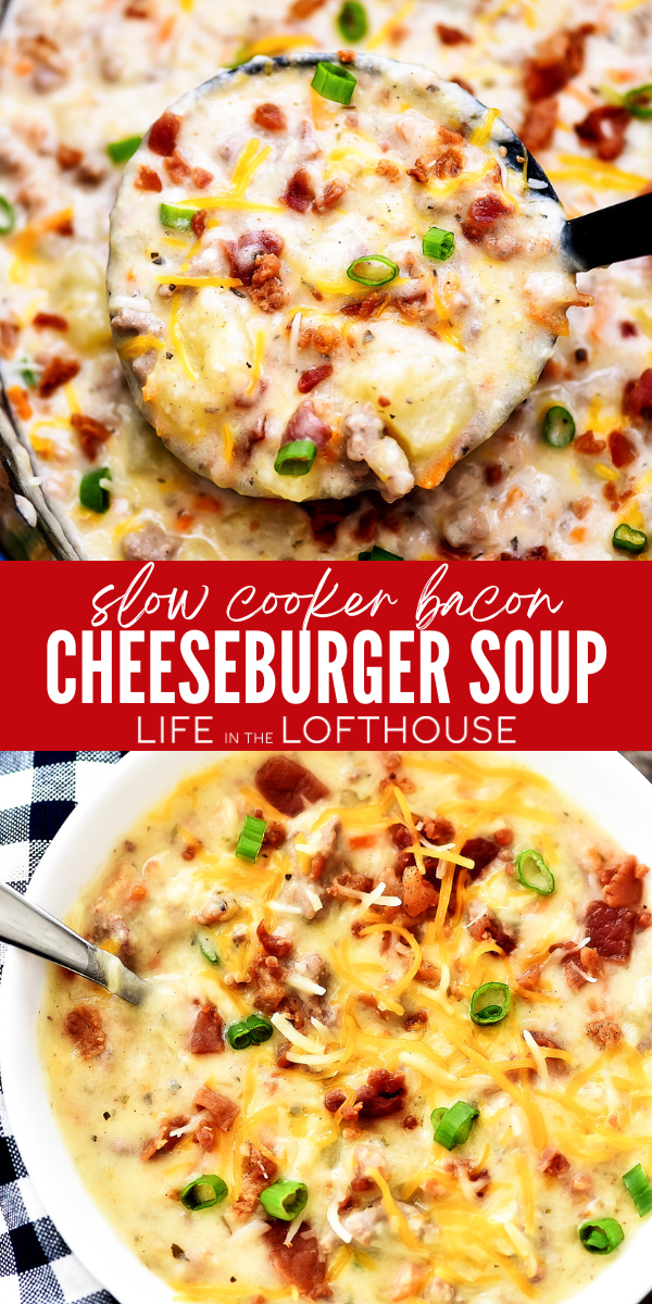 Slow Cooker Bacon Cheeseburger Soup is loaded with potatoes, ground beef, cheese and of course bacon! This amazing soup is full of flavor and every soup lovers dream!&nbsp;