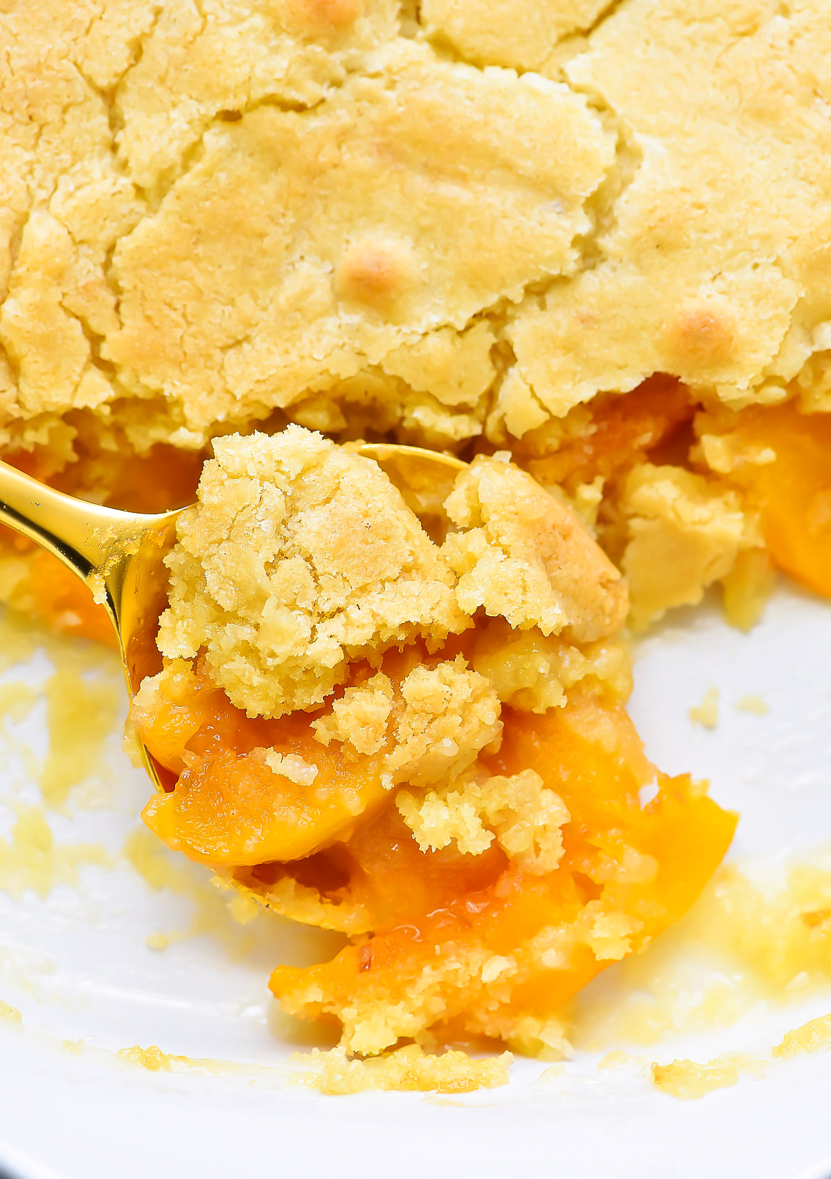 The Best Peach Cobbler is a delicious cake-like dessert made with sliced peaches and served warm with vanilla ice-cream. Life-in-the-Lofthouse.com