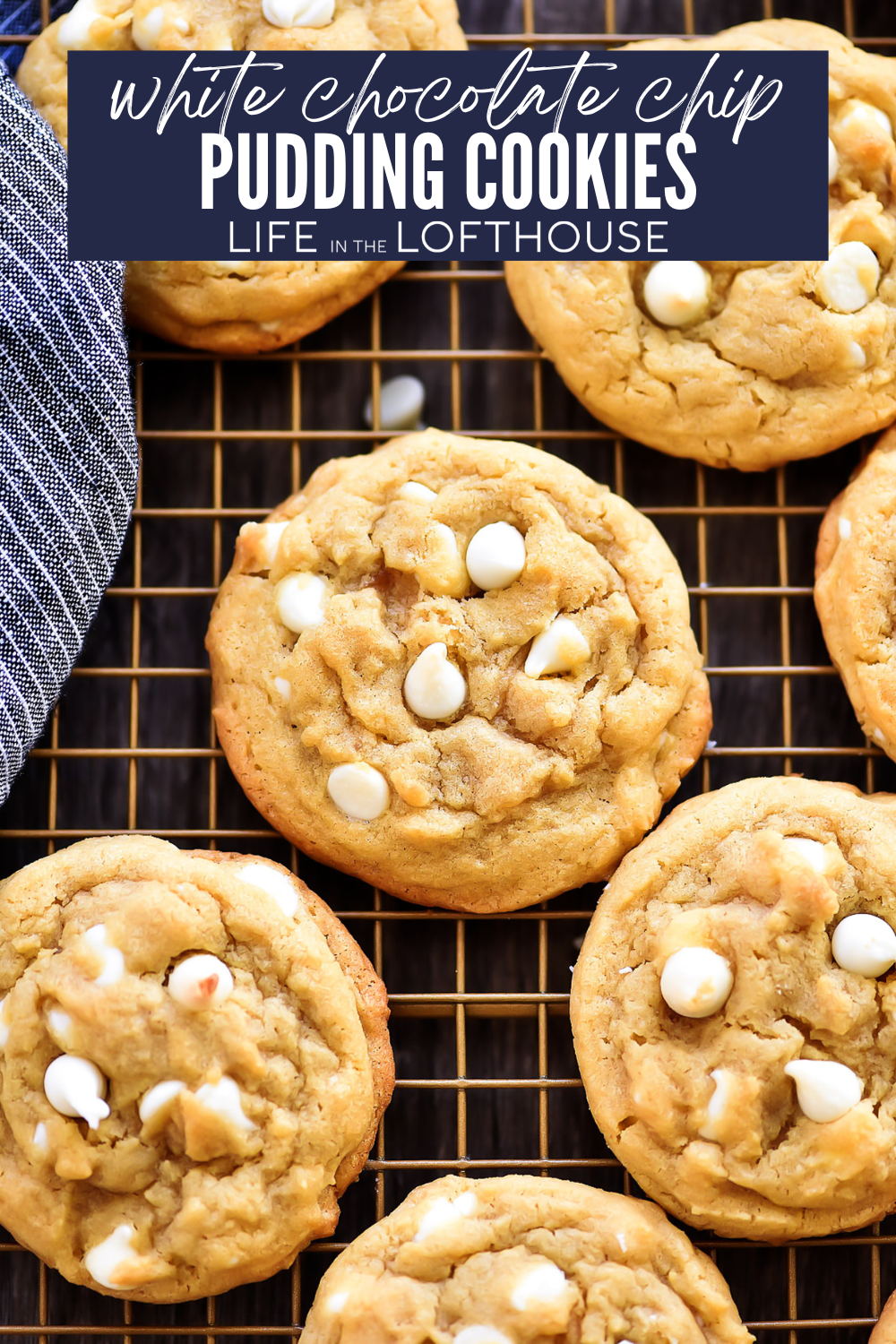 White Chocolate Chip Pudding Cookies on a cooling sheet