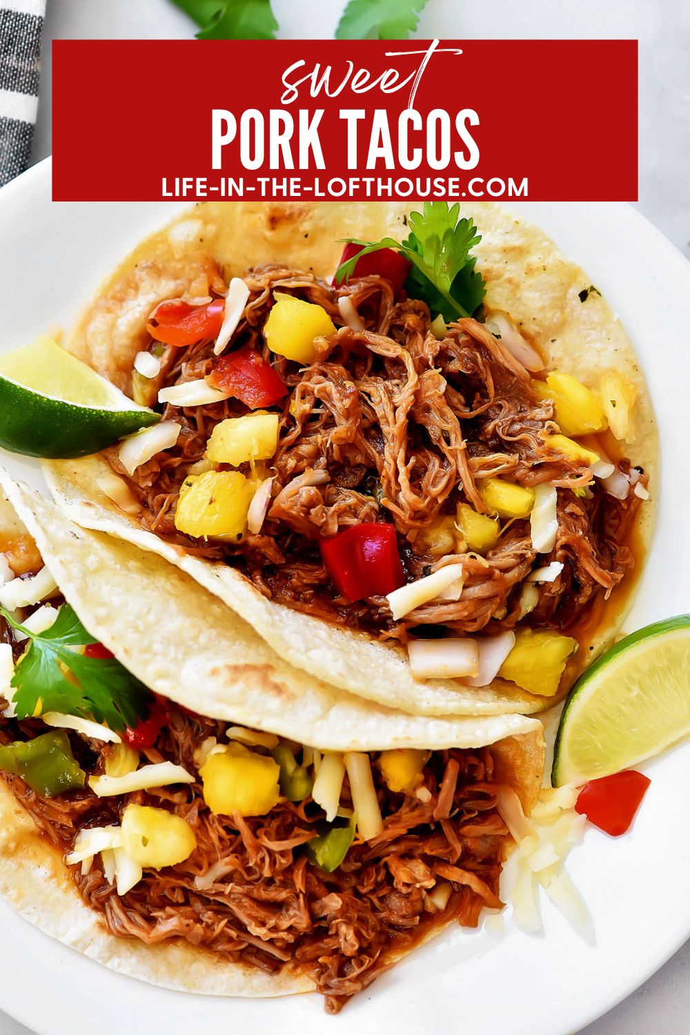 Shredded sweet pork with corn tortillas.