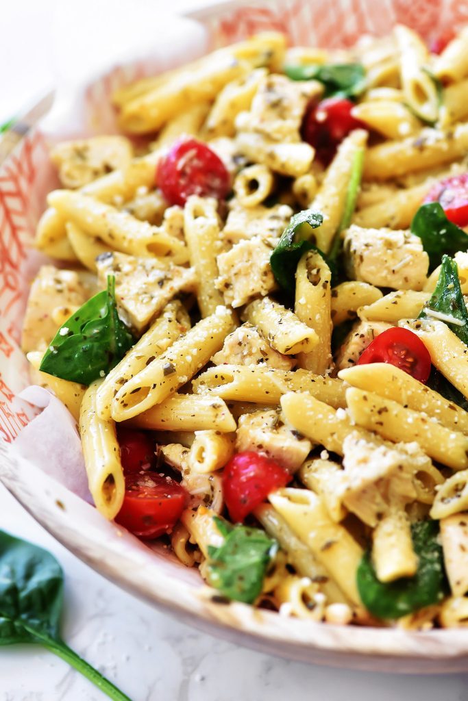 Pasta salad with chicken and pesto