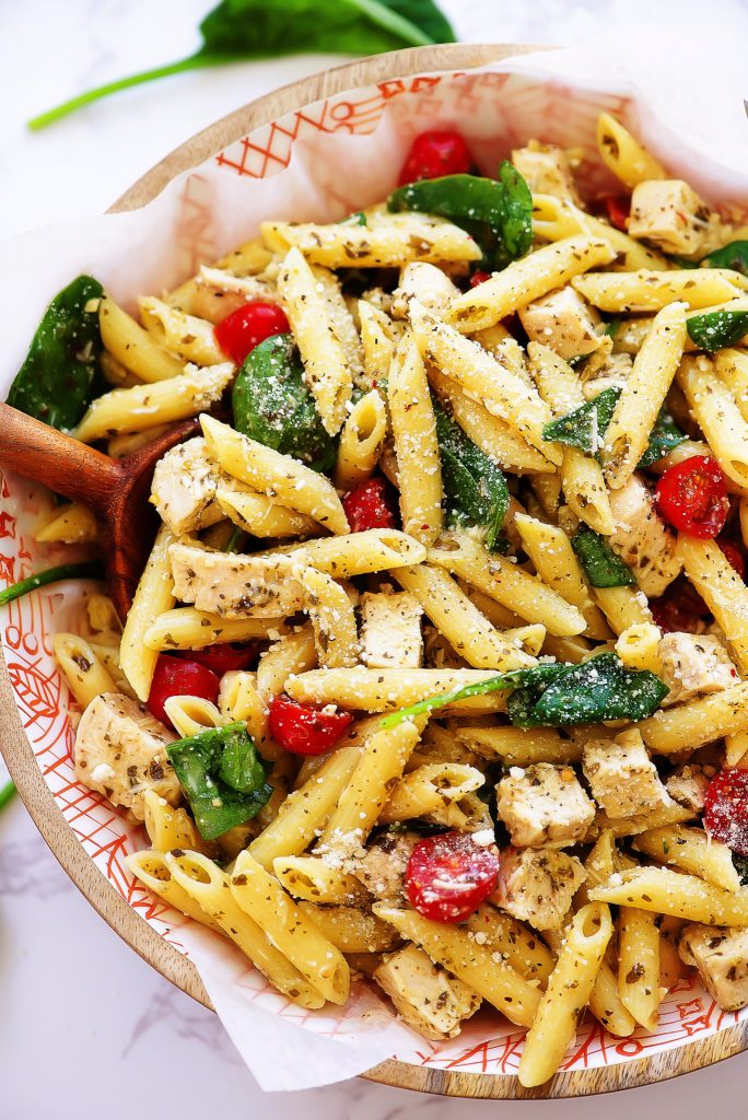Pasta salad with chicken and pesto