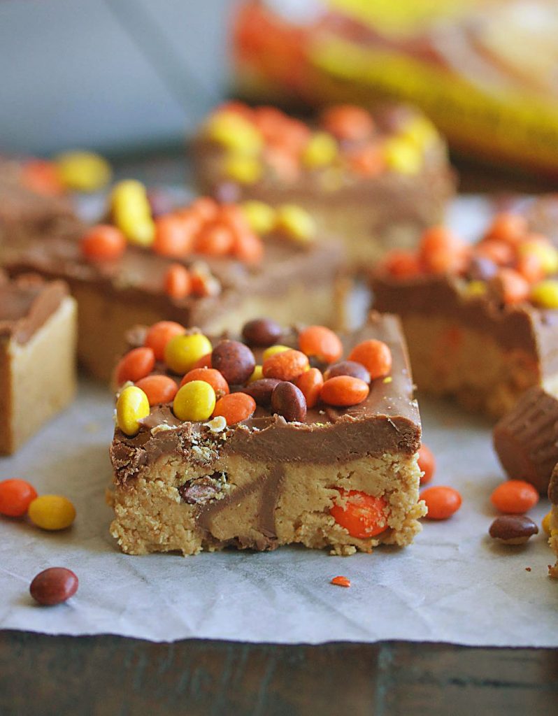 No Bake Peanut Butter Bars are loaded with mini Reese&rsquo;s peanut butter cups and Reese&rsquo;s pieces, topped with melted chocolate chips and more Reese&rsquo;s pieces. Life-in-the-Lofthouse.com