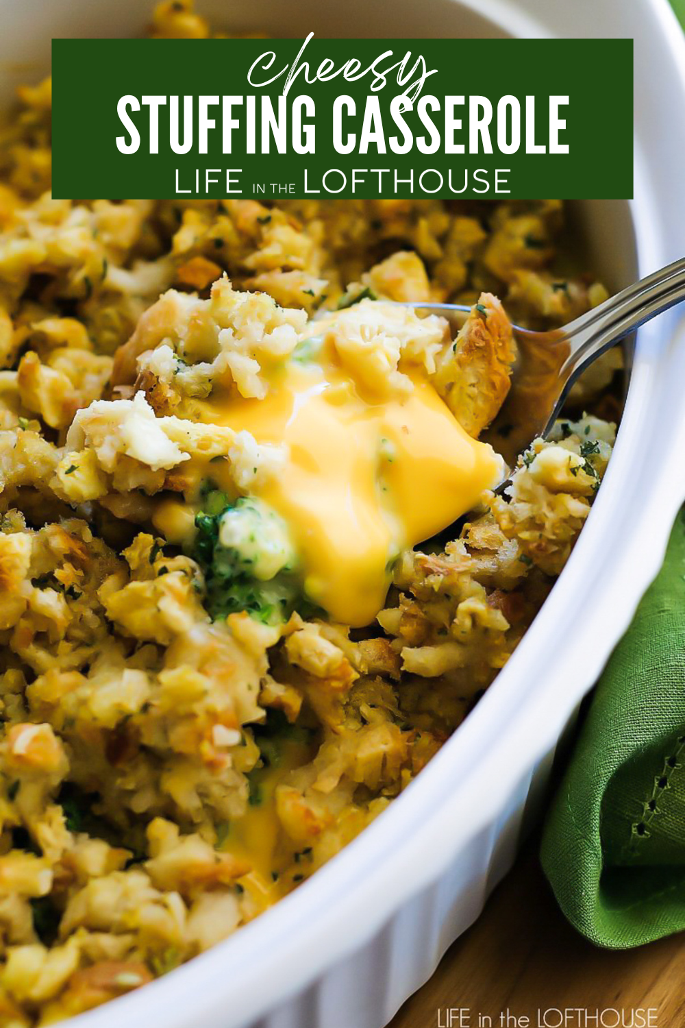 Cheesy Stuffing Casserole in white dish