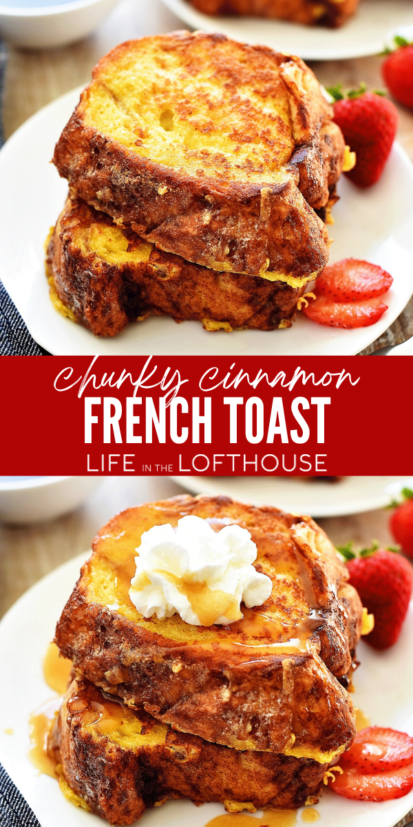 Chunky Cinnamon French Toast is the best French toast you will ever have. Thick slices of cinnamon bread are turned into the best french toast. Serve with an easy homemade caramel syrup! 