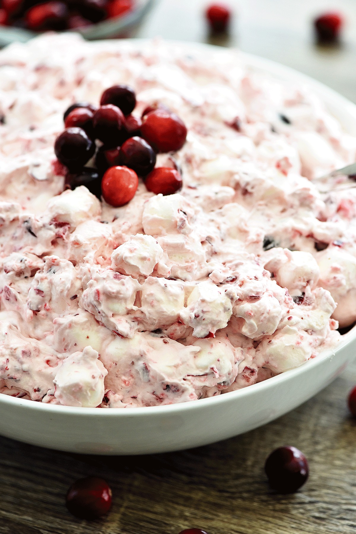 Cranberry Fluff is a creamy and sweet side dish filled with homemade whipped cream, cranberries, red grapes and marshmallows. Life-in-the-Lofthouse.com