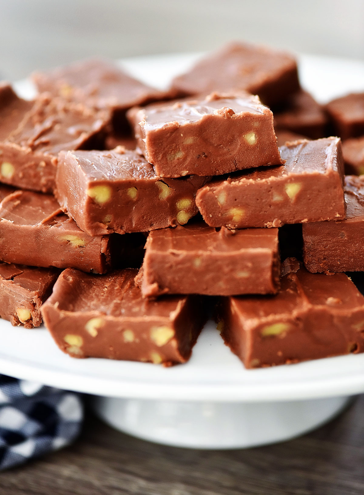 Copycat See's Fudge on a cake stand