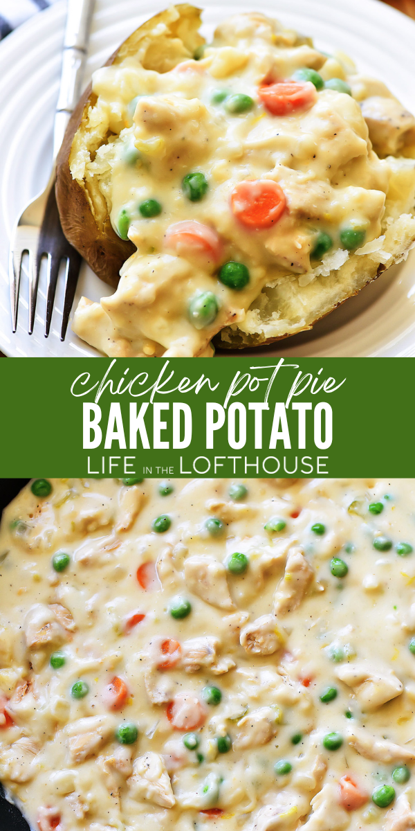 Homemade creamy pot pie filling drenched over a hot potato. These Chicken Pot Pie Baked Potatoes will become a family favorite at dinnertime!