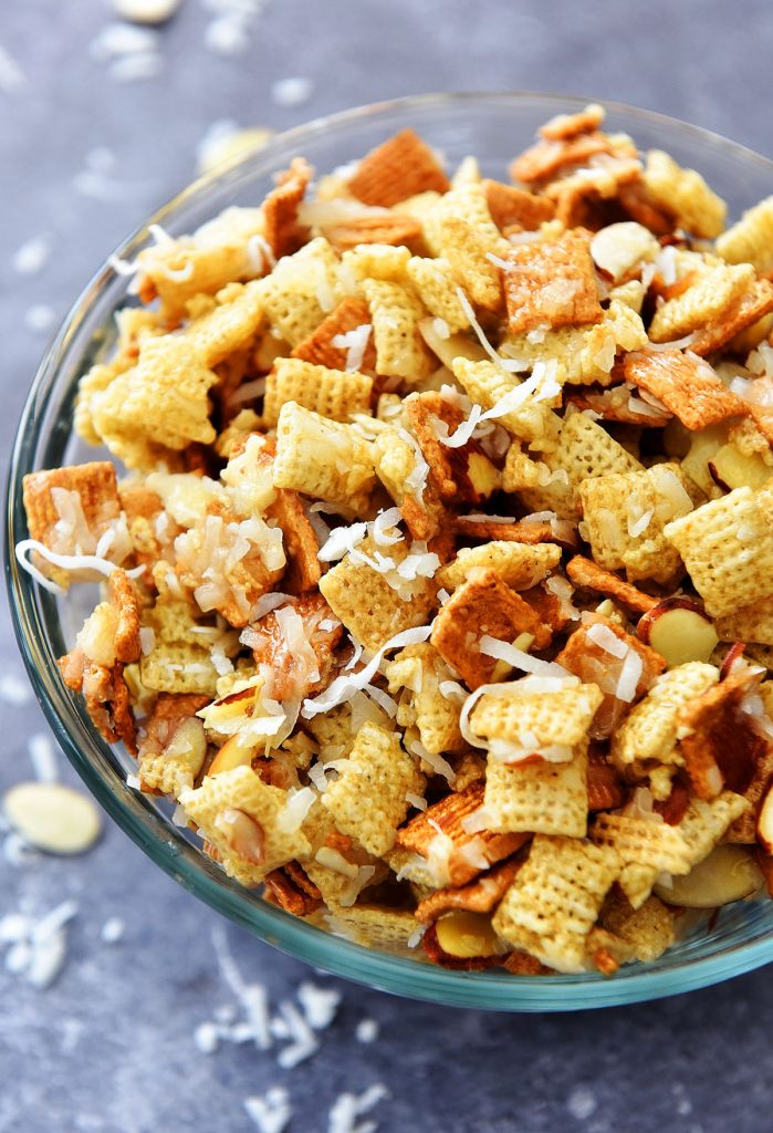 Gooey Chex Mix is a sweet and salty snack with coconut and almonds. Life-in-the-Lofthouse.com
