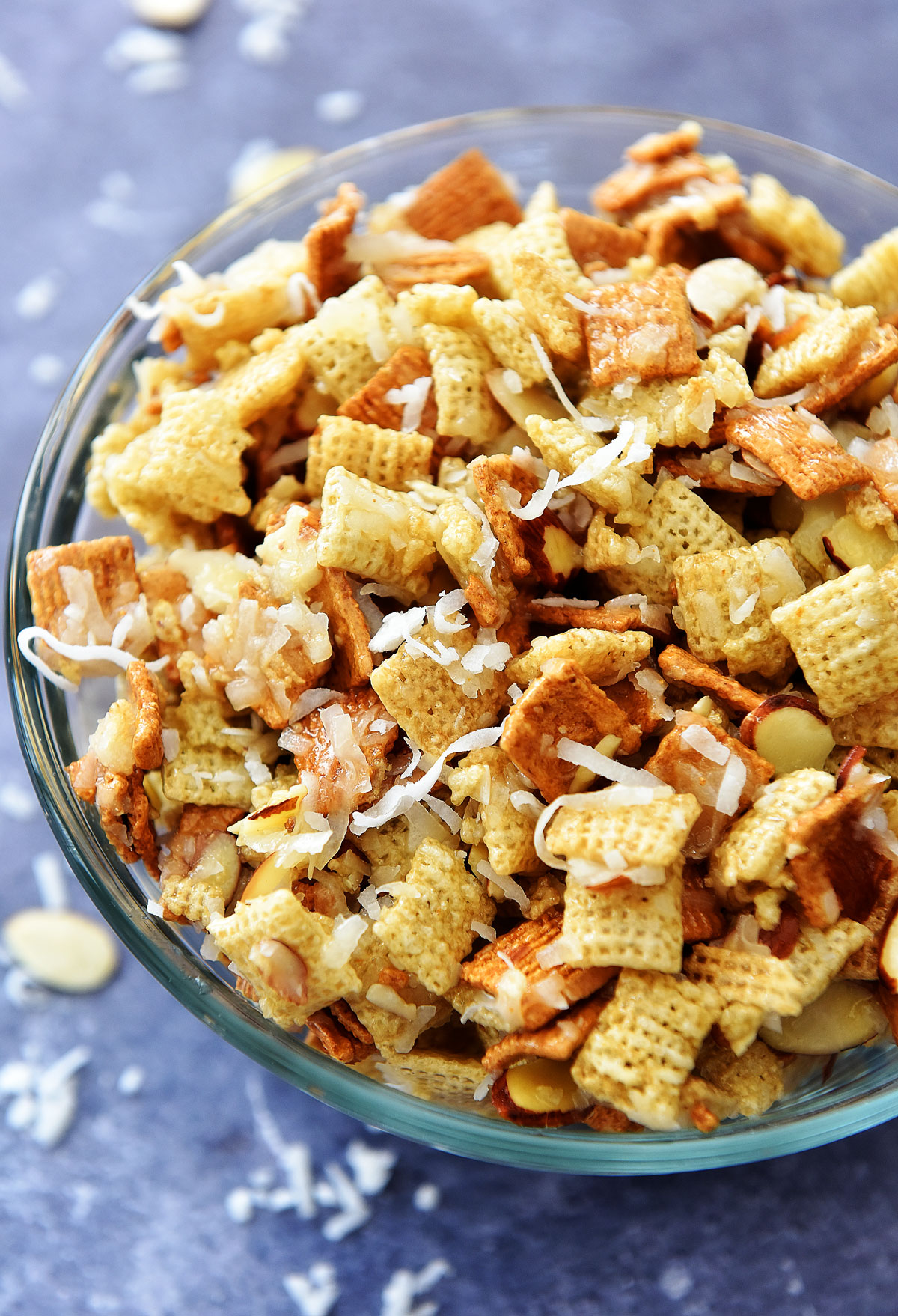 Gooey Chex Mix is a sweet and salty snack with coconut and almonds. Life-in-the-Lofthouse.com