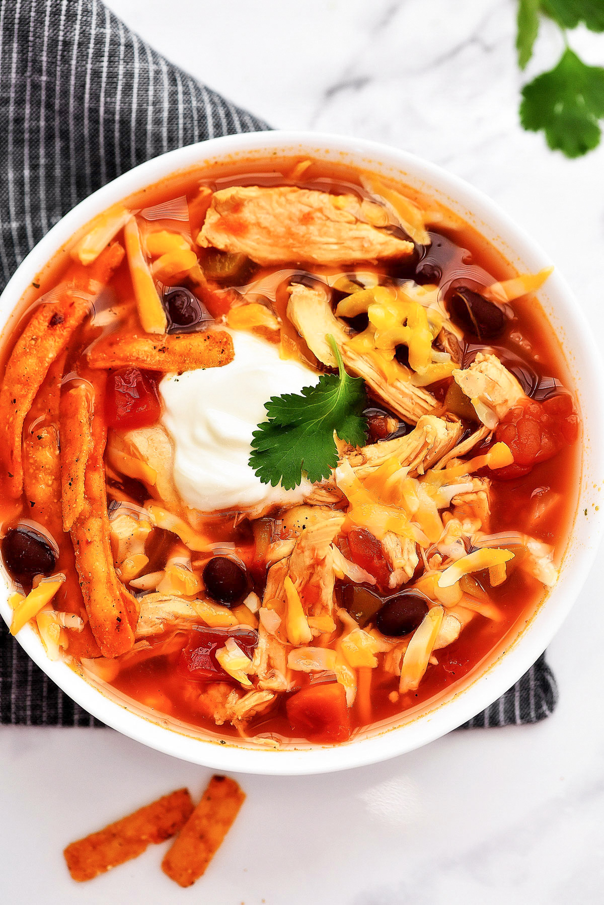 Slow Cooker Chicken Tortilla Soup has Mexican flavors with chicken, onion, tomato and diced green chilies. Life-in-the-Lofthouse.com