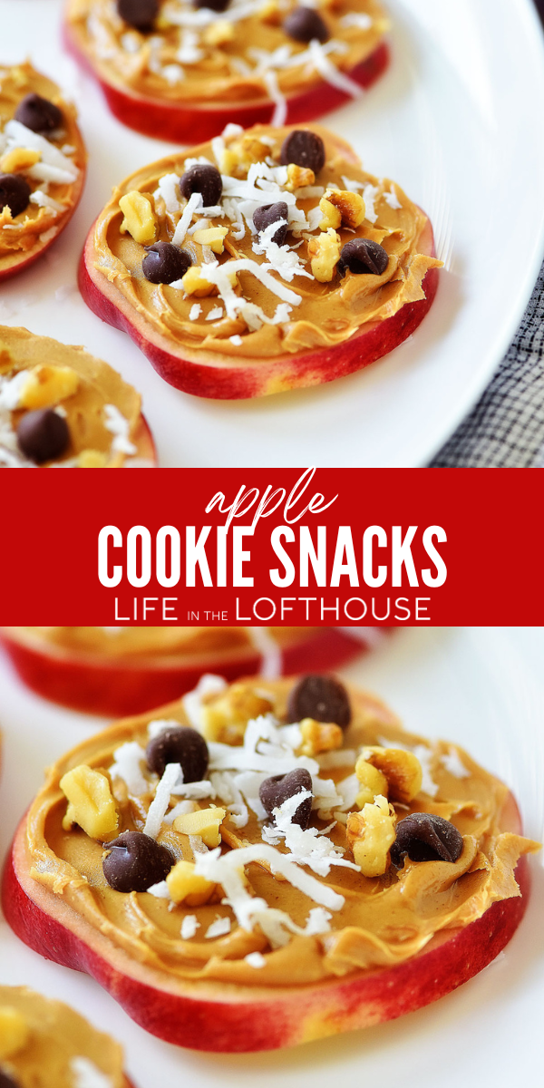 My kids love these Apple Cookie Snacks! Slices of red delicious apples with a shmear of peanut butter, topped with a few crushed walnuts, shredded coconut and chocolate chips.
