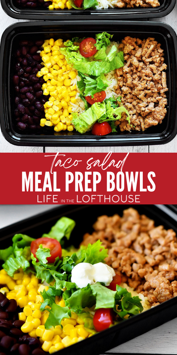 Taco Salad Meal Prep Bowls are filled with seasoned ground turkey, jasmine rice, black beans and lettuce. The addition of cherry tomatoes and corn add a small burst of flavor. Add your favorite taco toppings to complete the salad!