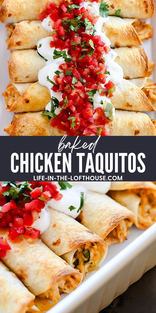 Baked Chicken Taquitos are a crispy flour tortilla wrapped around a warm center of creamy and cheesy Mexican chicken.