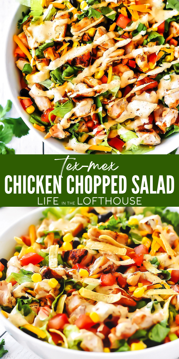 This Tex-Mex Chicken Chopped Salad is&nbsp;filled with crunchy romaine lettuce, corn, black beans, grilled chicken and more. The taco-flavored ranch dressing finishes it off to perfection!