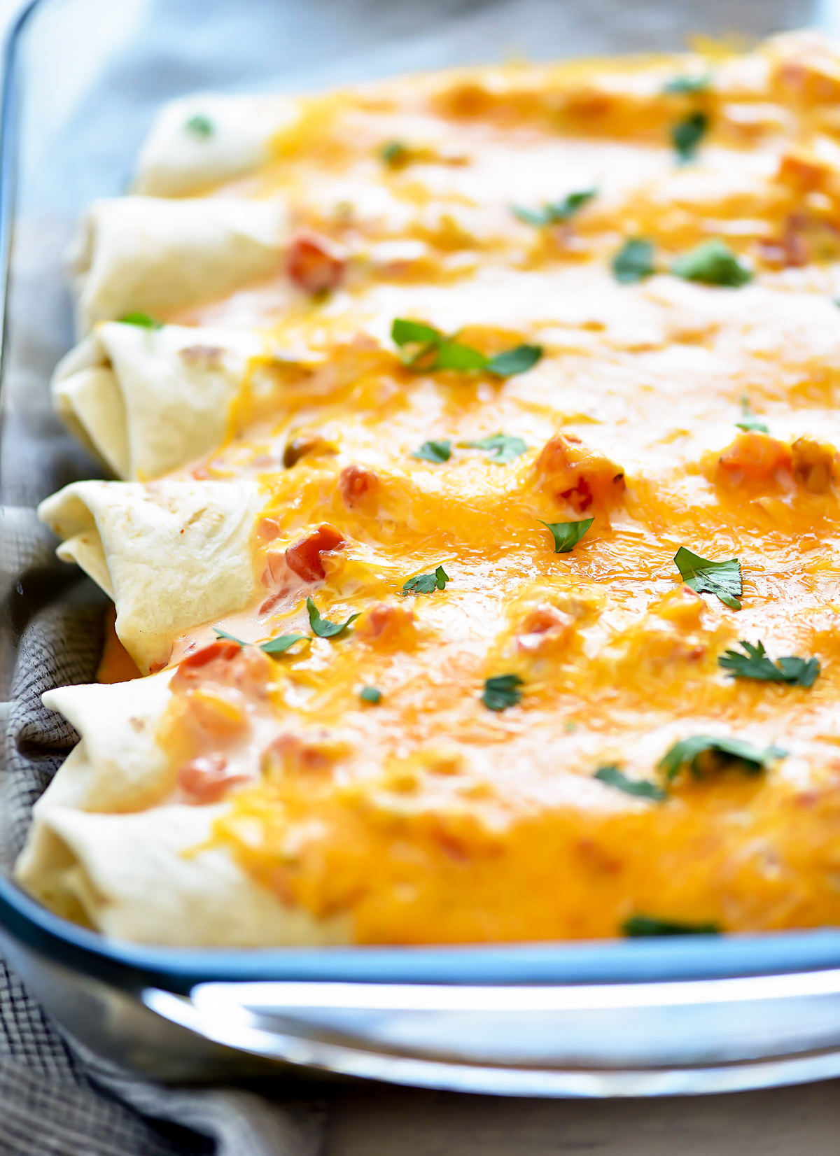 Shredded taco chicken covered in a salsa-ranch mixture, wrapped around flour tortillas, then covered in more salsa-ranch and cheese. Life-in-the-Lofthouse.com