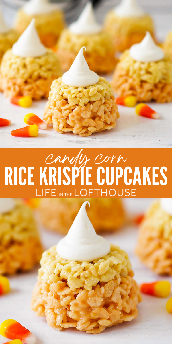 Easy Candy Corn Rice Krispie Cupcakes with sweet marshmallow layers and creamy frosting, perfect for Halloween treats and fall parties!