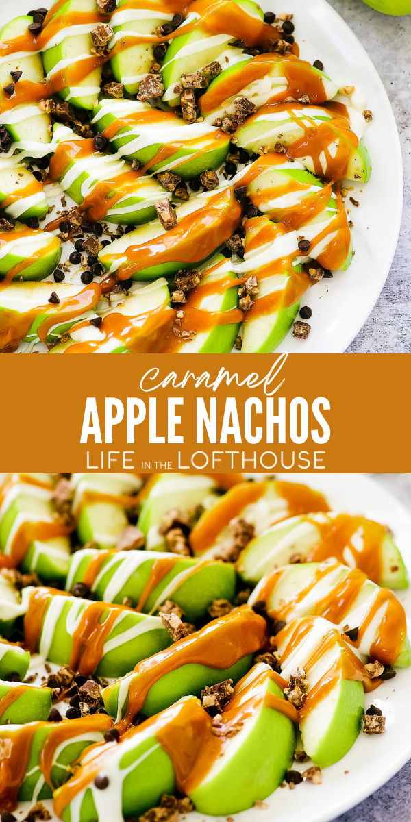 Caramel Apple Nachos are slices of green apples covered in warm caramel, melted white chocolate and crushed candy bars. This twist on traditional caramel apples makes for an easy and tasty fall treat!