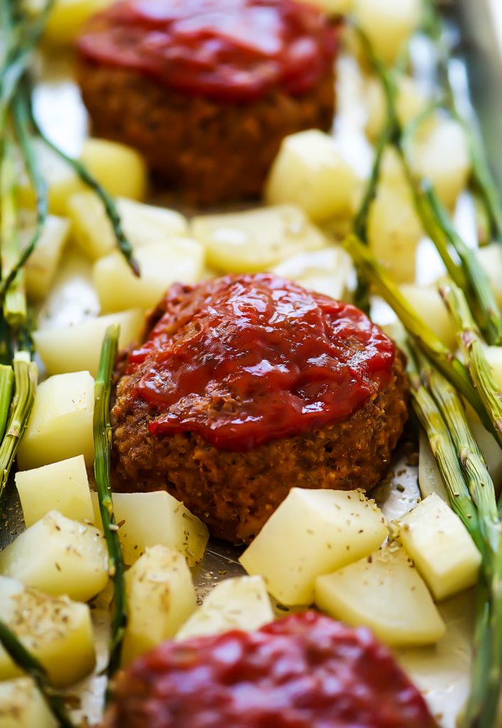 Sheet Pan Meatloaf dinner is individual mini meatloaves, asparagus, and potatoes all cooked to perfection on one pan.