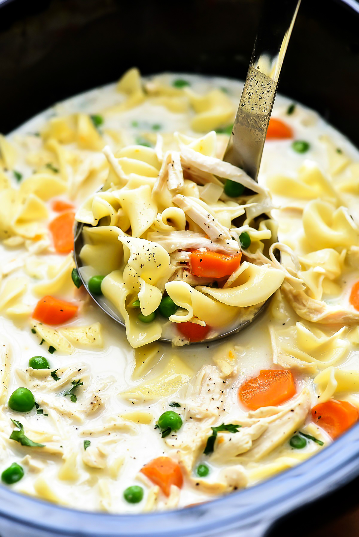 Slow Cooker Creamy Chicken Noodle Soup is a creamy soup full of carrots, peas, chicken and noodles and all cooked in the Slow Cooker. Life-in-the-Lofthouse.com
