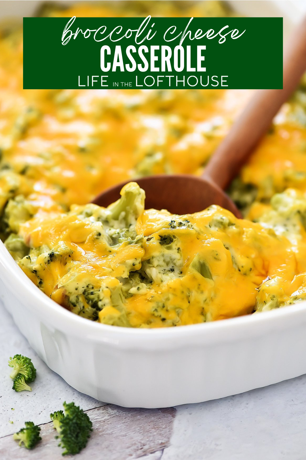 Broccoli Cheese Casserole in a white casserole dish