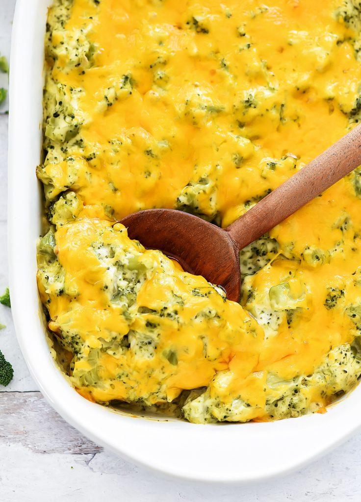 Cheddar cheese, broccoli florets, and homemade condensed cream of chicken soup all come together to create this creamy Broccoli Cheese Casserole.