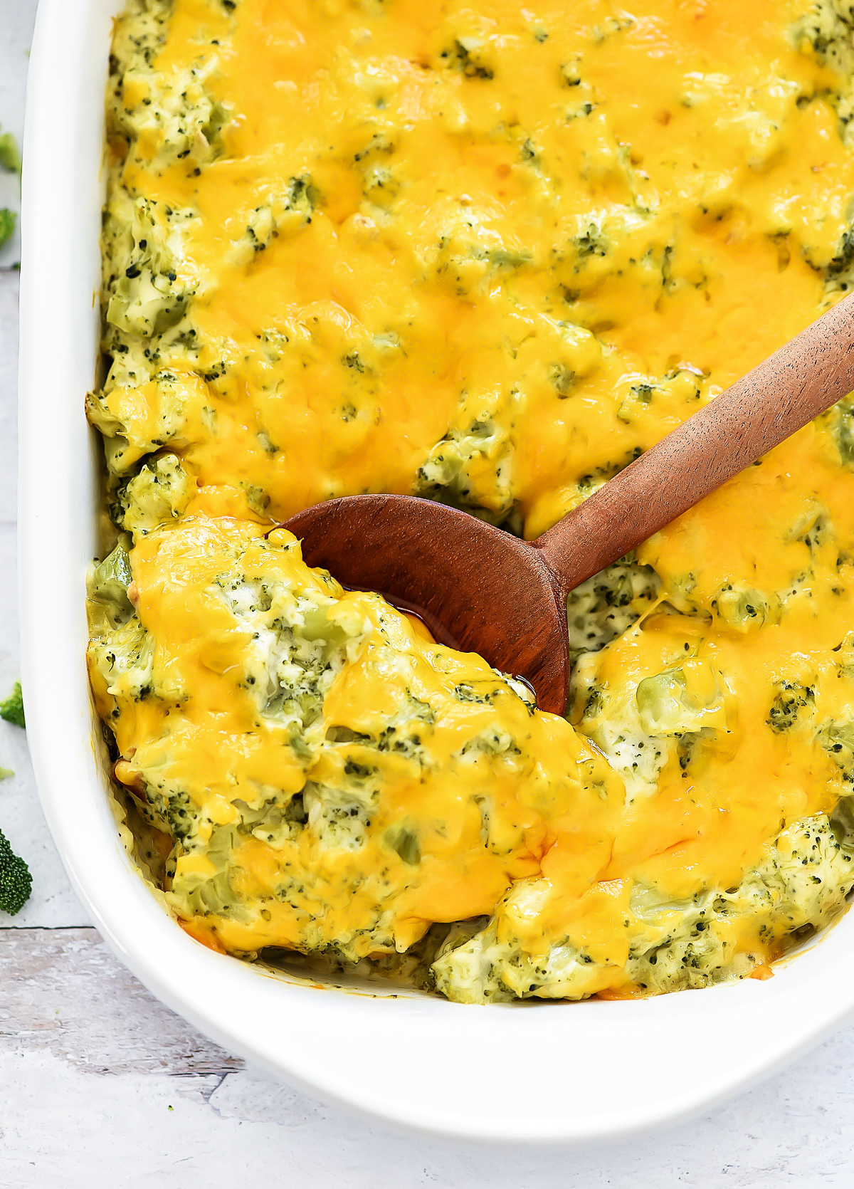 Cheddar cheese, broccoli florets, and homemade condensed cream of chicken soup all come together to create this creamy Broccoli Cheese Casserole.