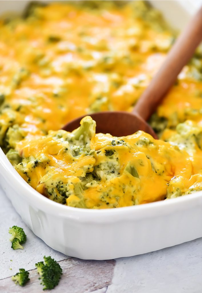 Cheddar cheese, broccoli florets, and homemade condensed cream of chicken soup all come together to create this creamy Broccoli Cheese Casserole.
