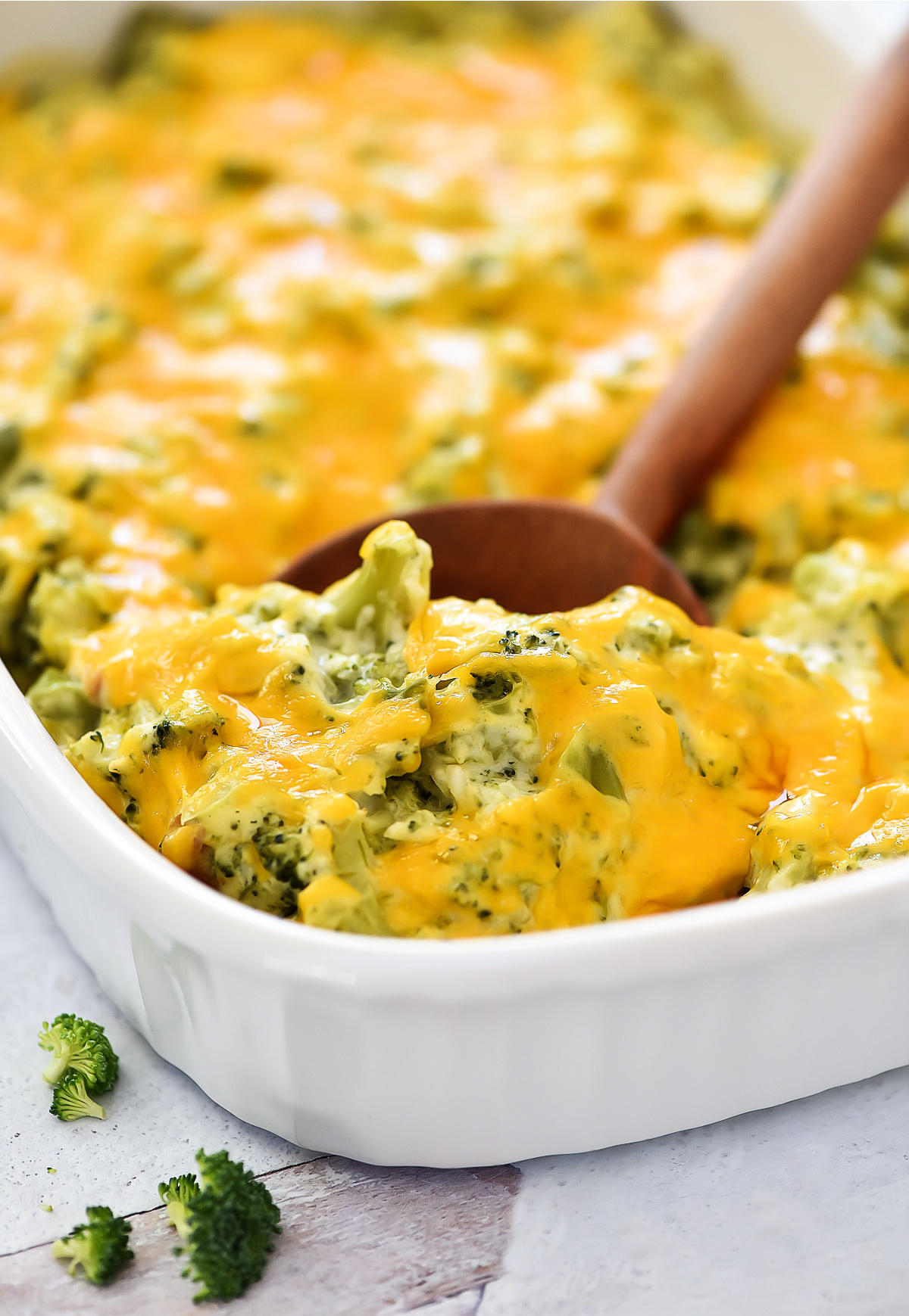 Cheddar cheese, broccoli florets, and homemade condensed cream of chicken soup all come together to create this creamy Broccoli Cheese Casserole.