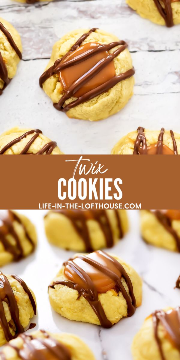 Twix Cookies start with a buttery thumbprint cookie topped with caramel and milk chocolate. Life-in-the-Lofthouse.com