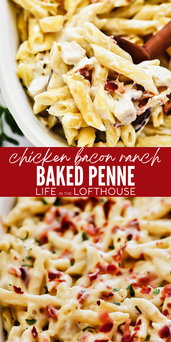 Penne pasta, creamy Alfredo, melty cheese, and crispy bacon come together to create this Chicken Bacon Ranch Baked Penne.