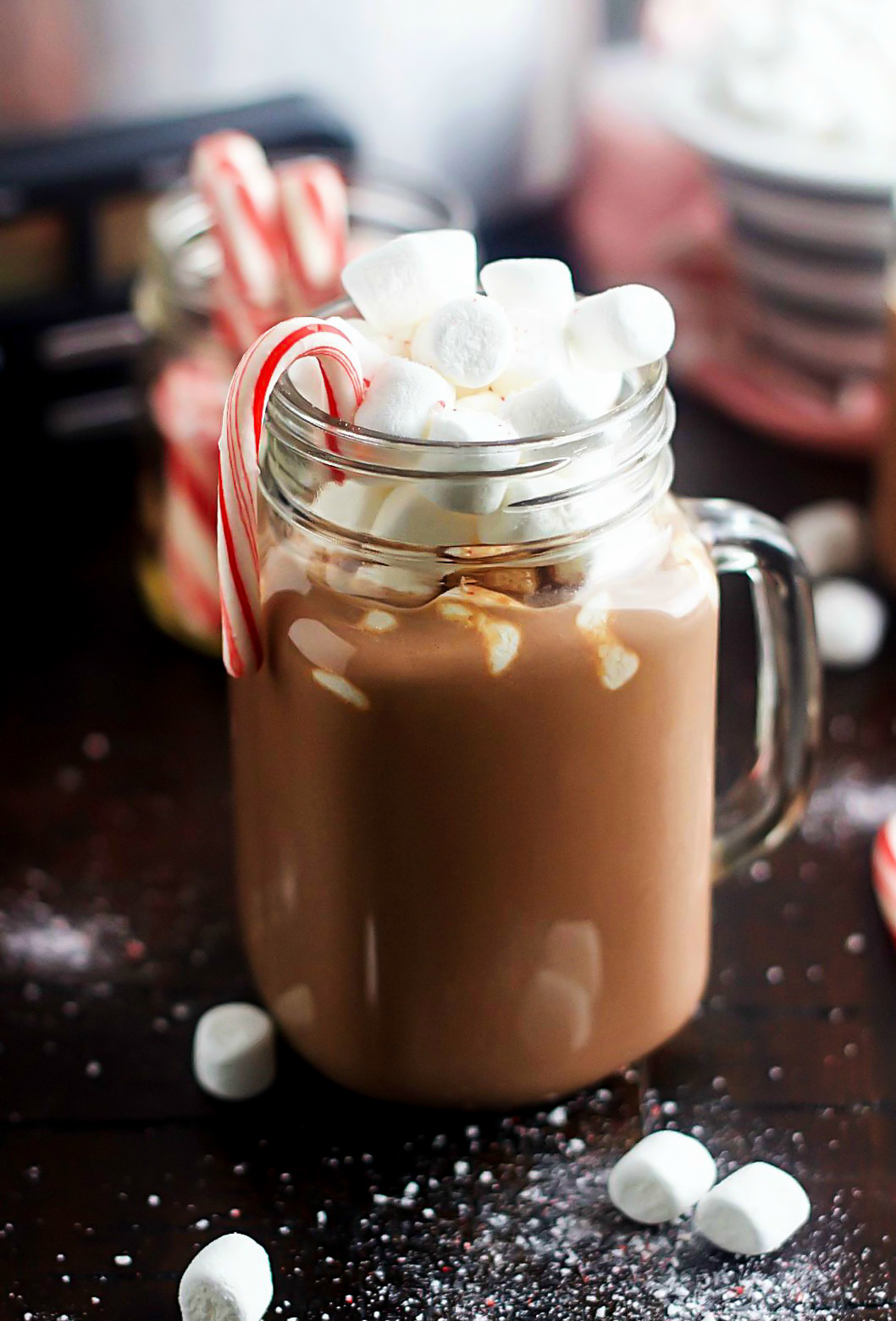 Slow Cooker Hot Chocolate with whipped cream, marshmallows, and candy canes. Life-in-the-Lofthouse.com
