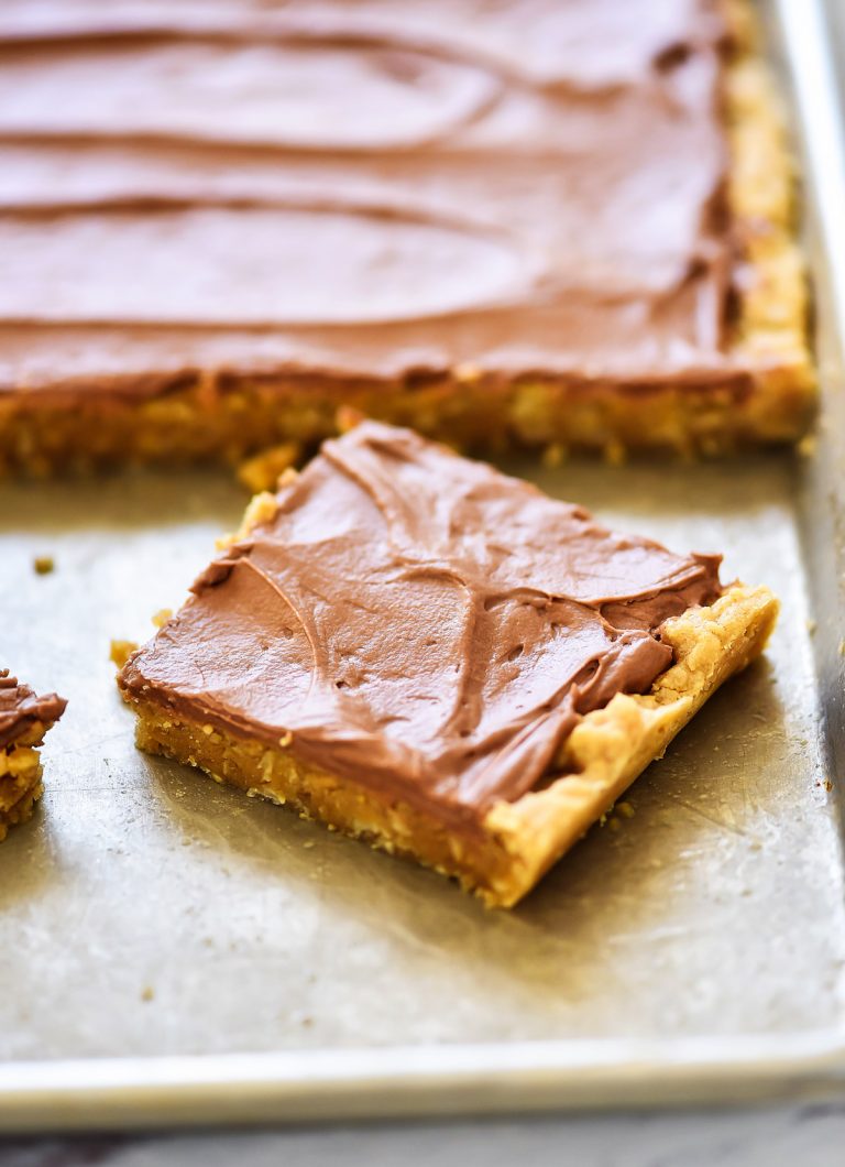 Lunch Lady Peanut Butter Bars are peanut butter cookie bars topped with chocolate frosting. Life-in-the-Lofthouse.com