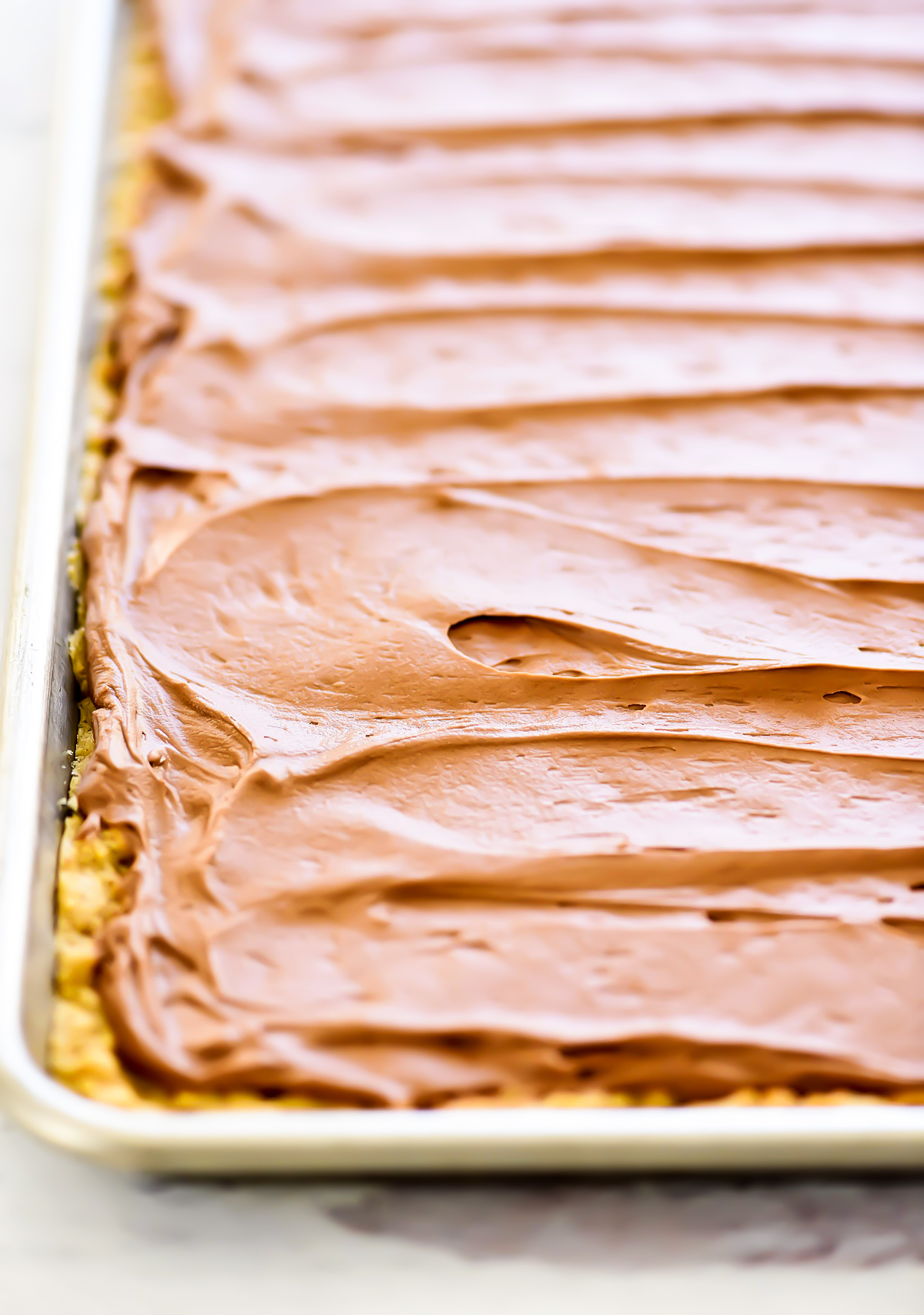 Lunch Lady Peanut Butter Bars are peanut butter cookie bars topped with chocolate frosting. Life-in-the-Lofthouse.com