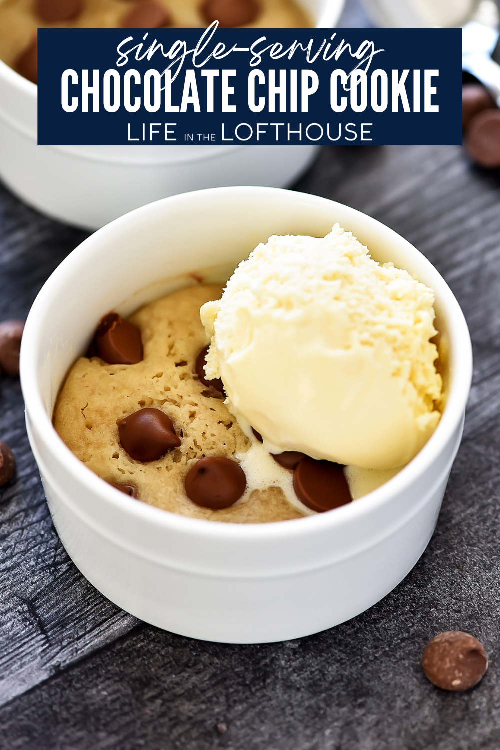 Single Serving Chocolate Chip Cookie with vanilla ice cream and chocolate chips