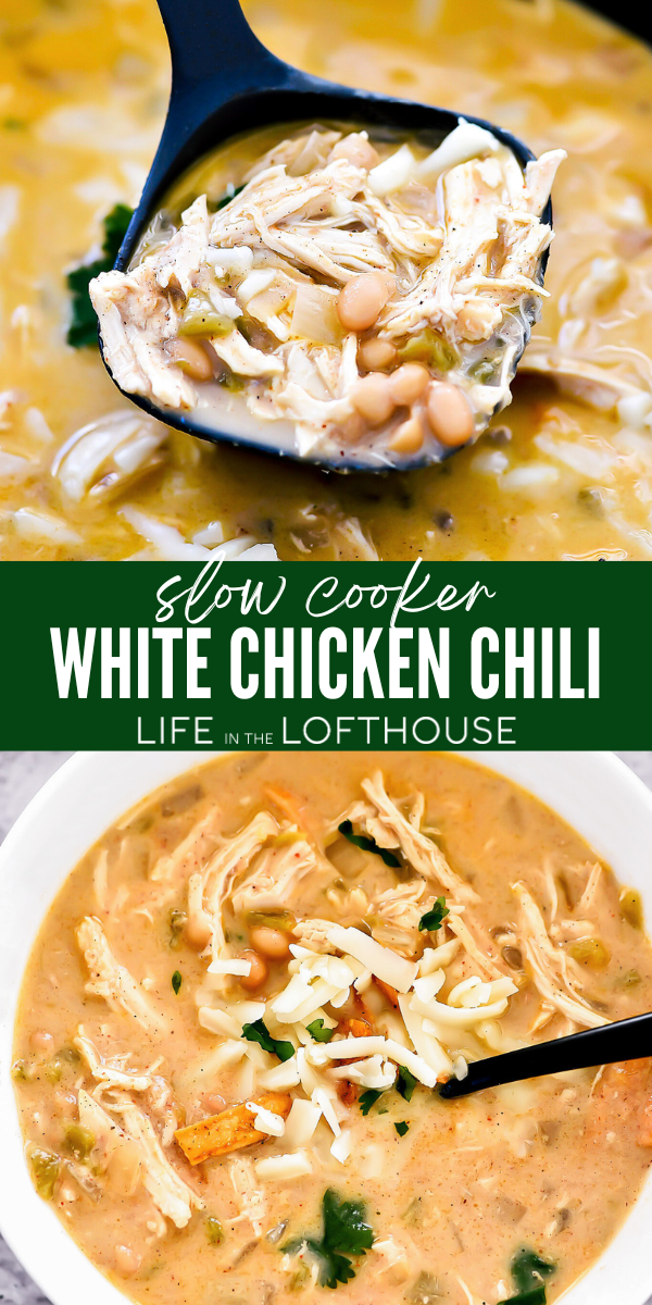 Slow Cooker White Chicken Chili in a kitchen ladle and in a white bowl