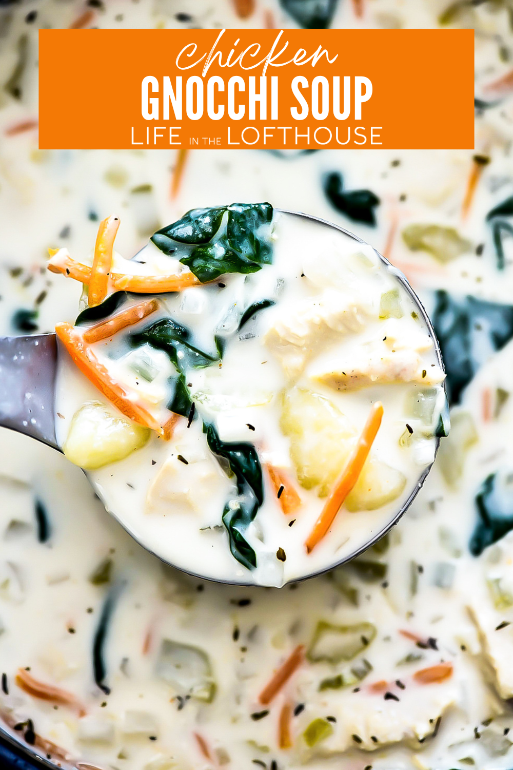 Tender chicken, fresh veggies, and potato gnocchi simmer in a creamy chicken broth, creating this incredible Chicken Gnocchi Soup.